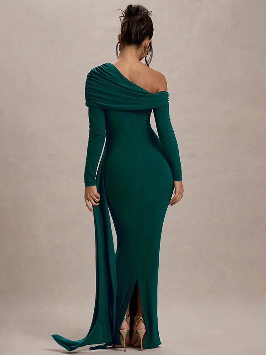MYC2024 Solid Ruched Boat Neck Ribbon Prom Dress