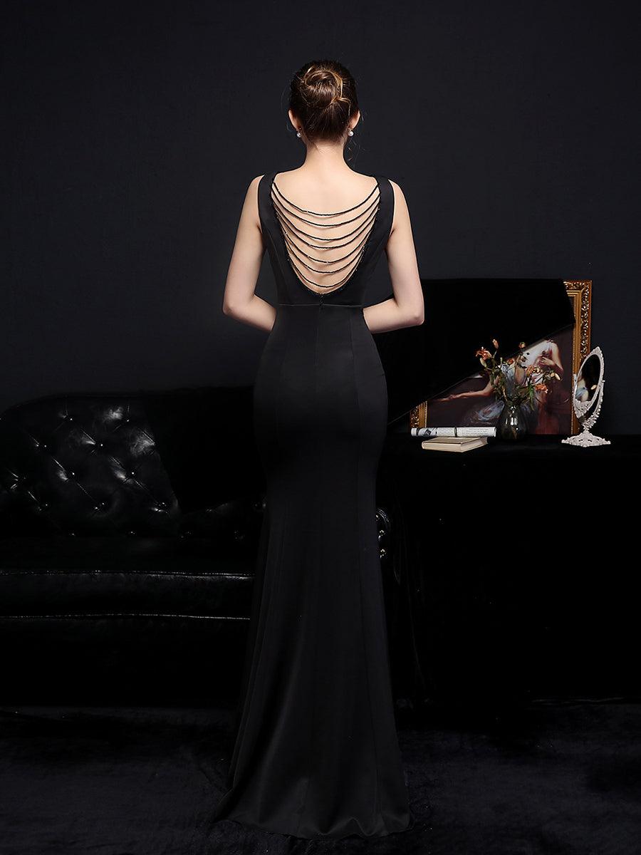 V-udskæring Solid Cutout Back Chain Prom Dress MYC2012