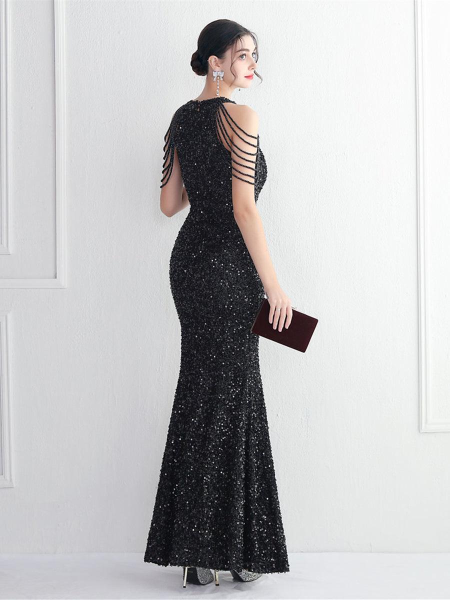 Vestido de cocktail elegante com lantejoulas e missangas com corrente MYC2003