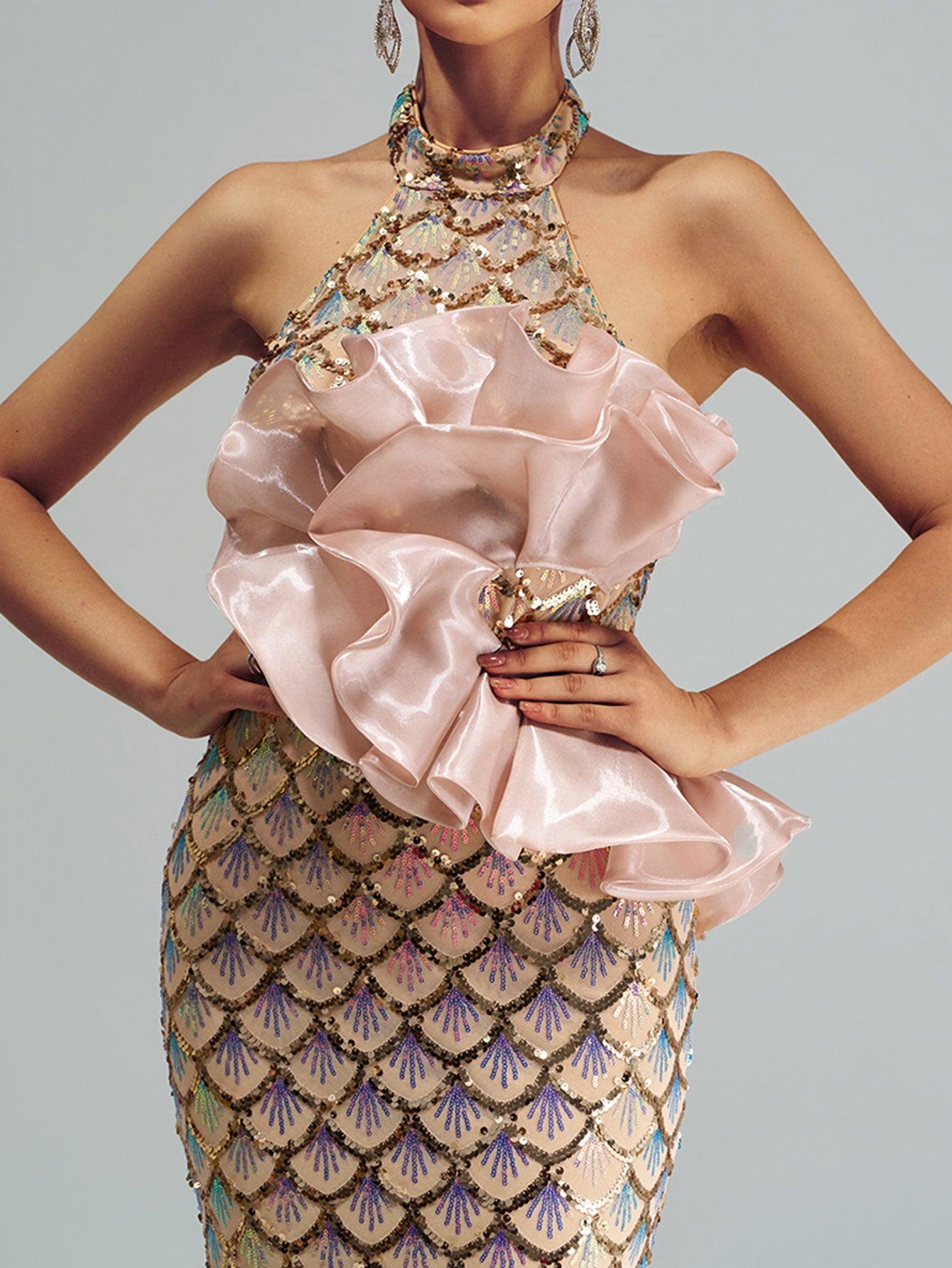 Mermaid Floral Sequin Backless Evening Dress DH80204