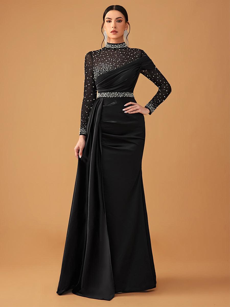 Elegant aftenkjole med netperler og rullekrave i satin GM90146