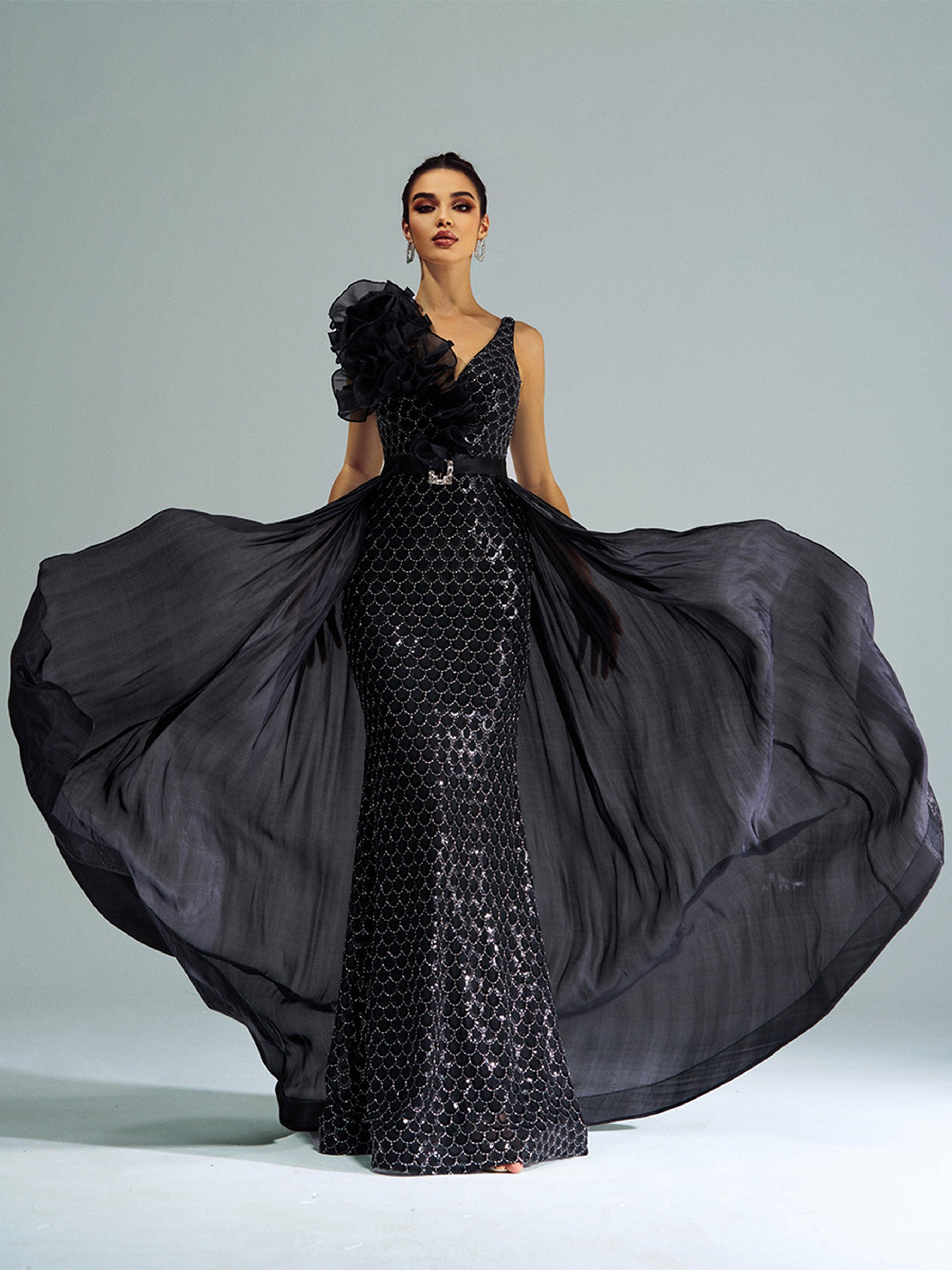 Ruffled Backless Mesh Cape Aftenkjole DH80079