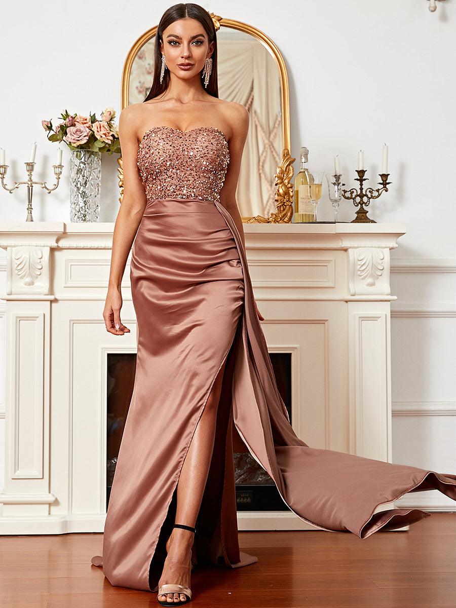 Tube Top High Split Satin Prom Dress XH1964