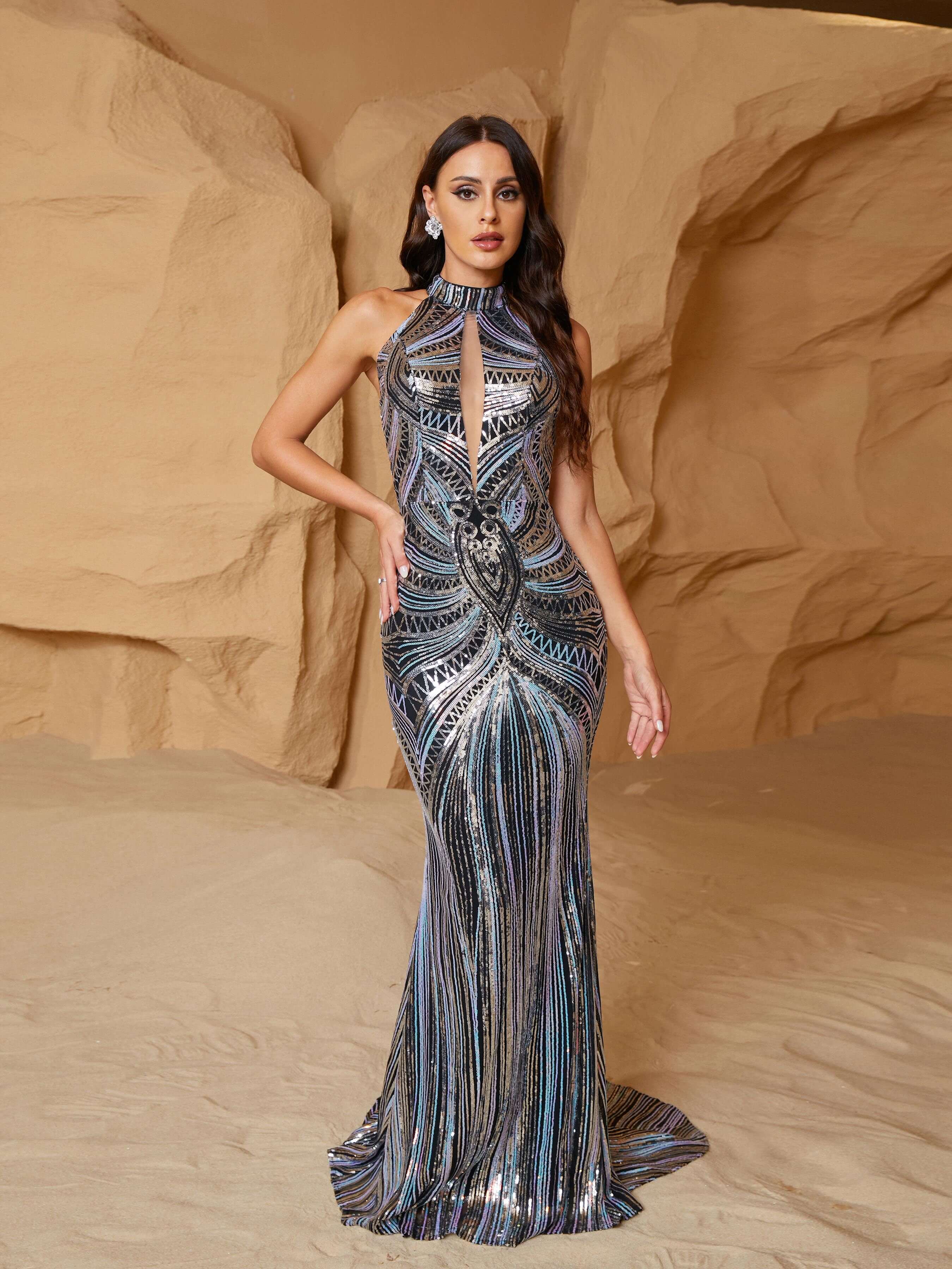Cold Shoulder Cutout Sequin Dress RJ11002