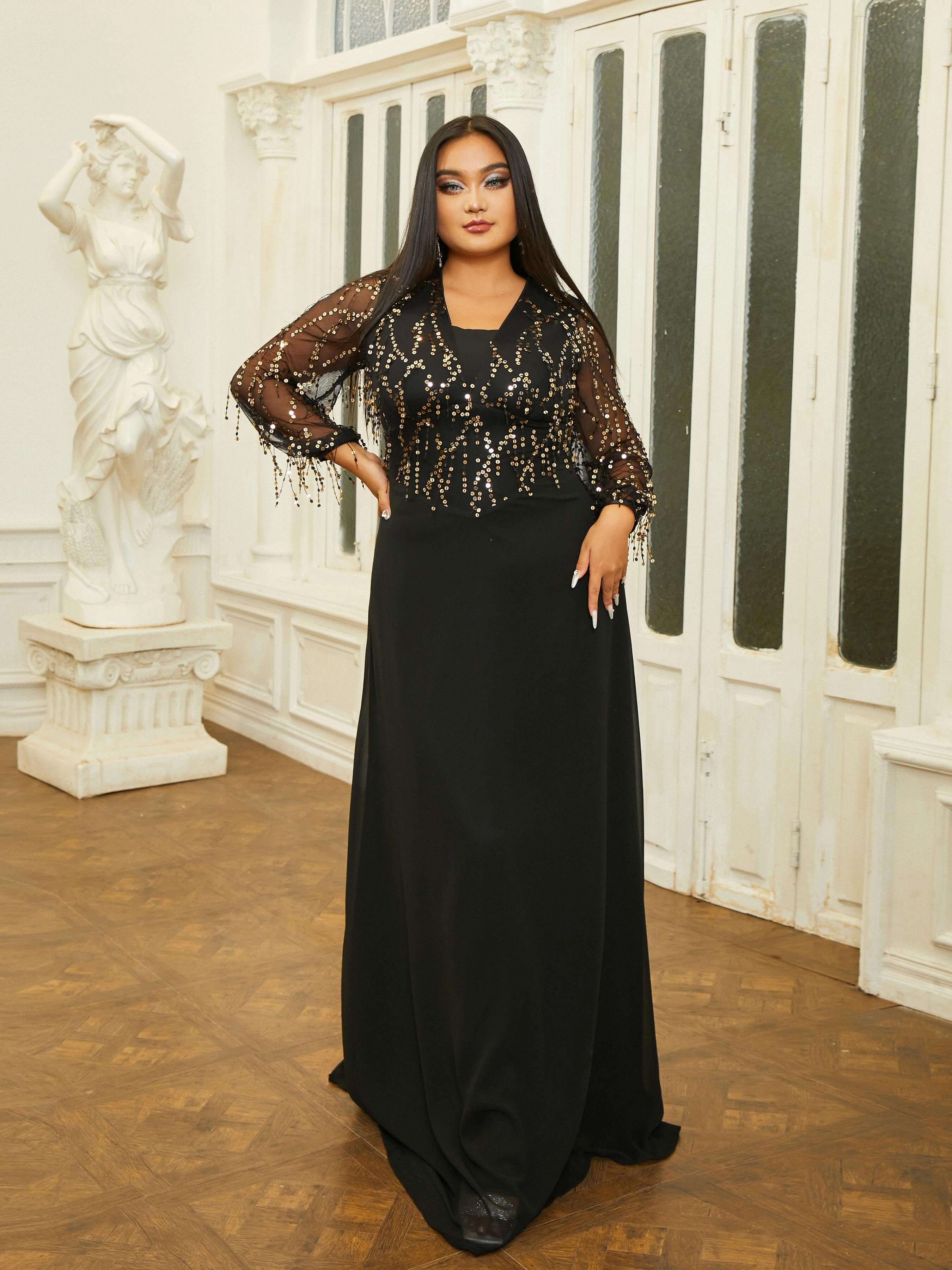 Plus Size Panel V-hals A-line Prom Dress PRM20910
