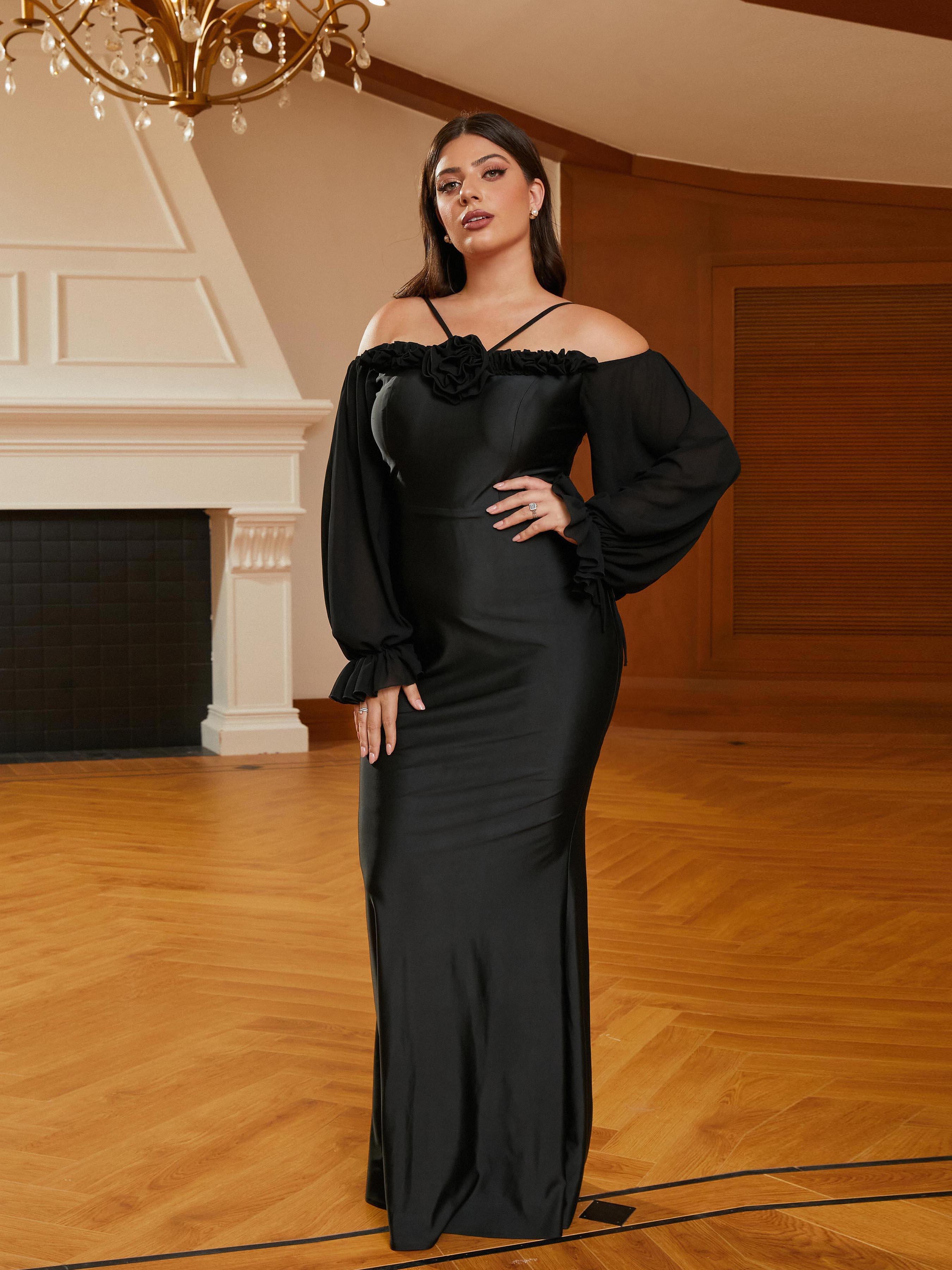Plus Size Halter Appliqued Panel Black Prom Dress PRJ10954