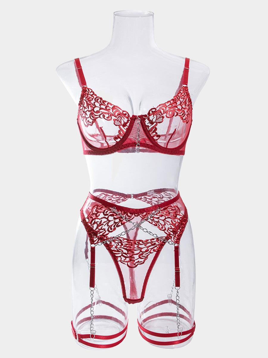 Conjunto de 4 peças de lingerie sexy bordada com corrente de metal MSL034