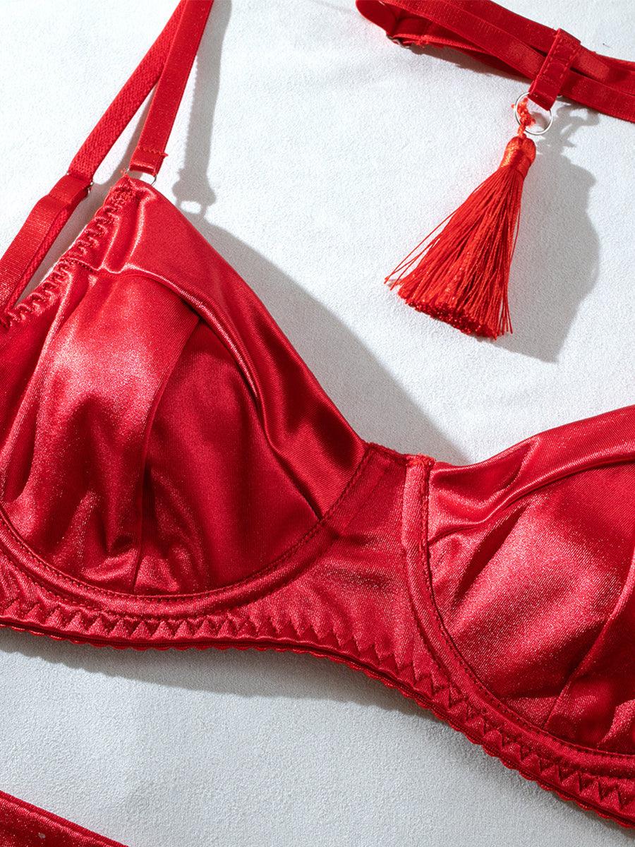 Conjunto de 4 peças de lingerie sexy com borlas de cetim MSL032