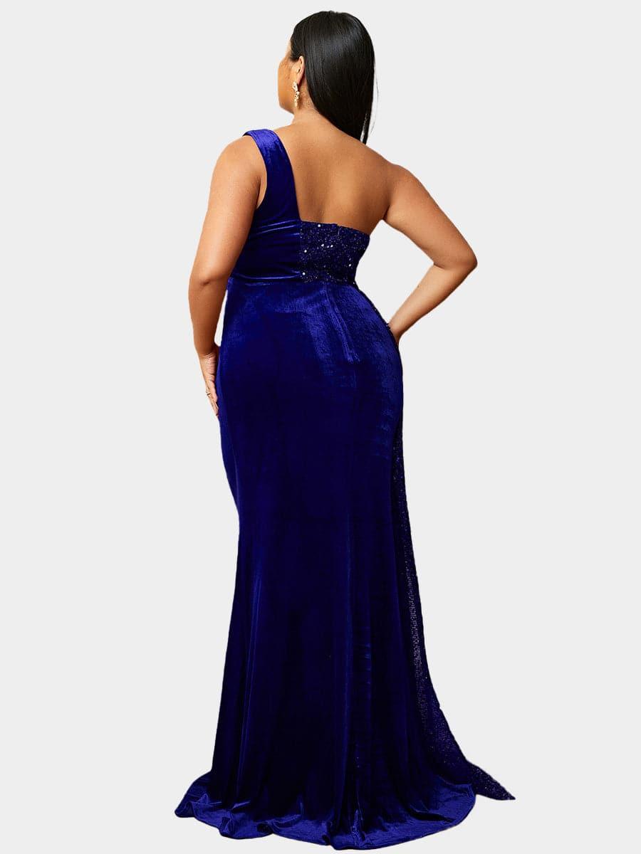 Vestido de baile de lantejoulas drapeado com um ombro, borgonha, tamanho grande PXH2356