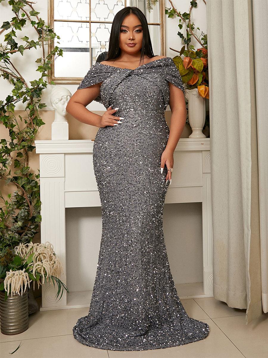 Plus Size havfruekjole med paljett uten skulder PWY108