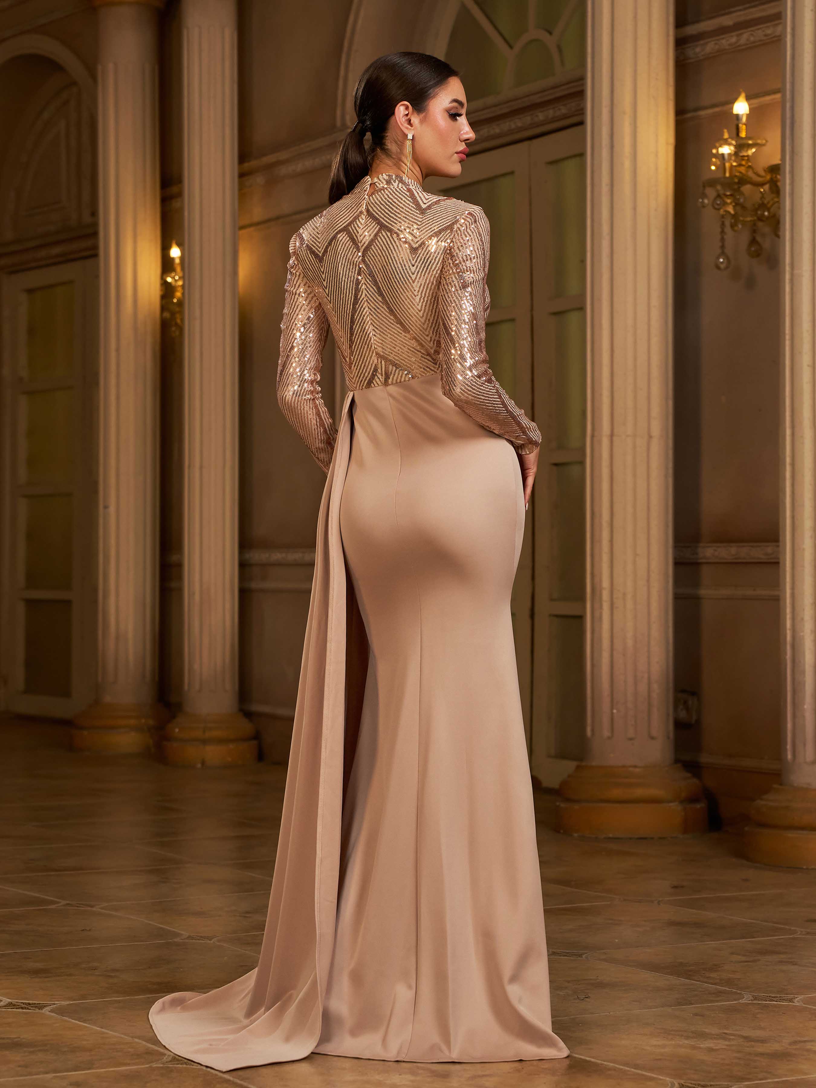 Vestido formal com lantejoulas de manga comprida drapeado M02153
