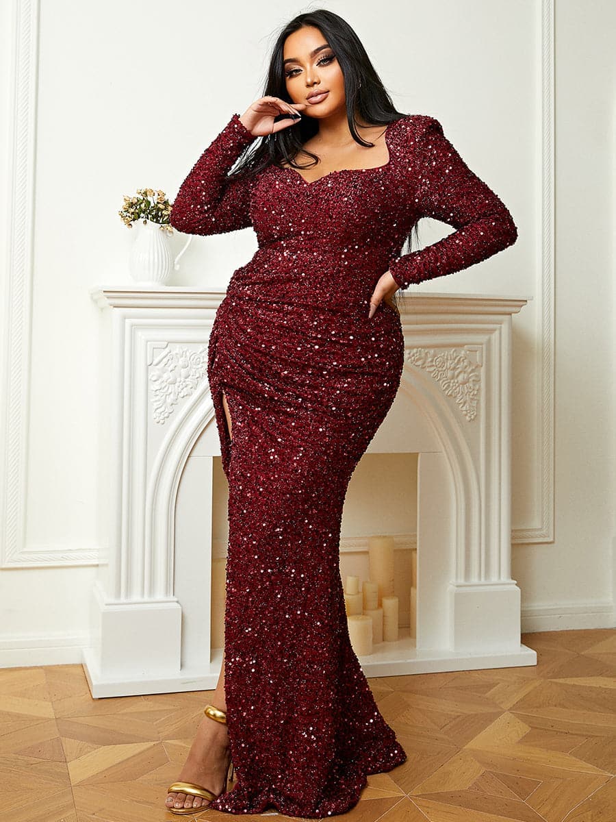 Plus Size langermet kjole med utringning i burgunderrøde paljetter PJM041L