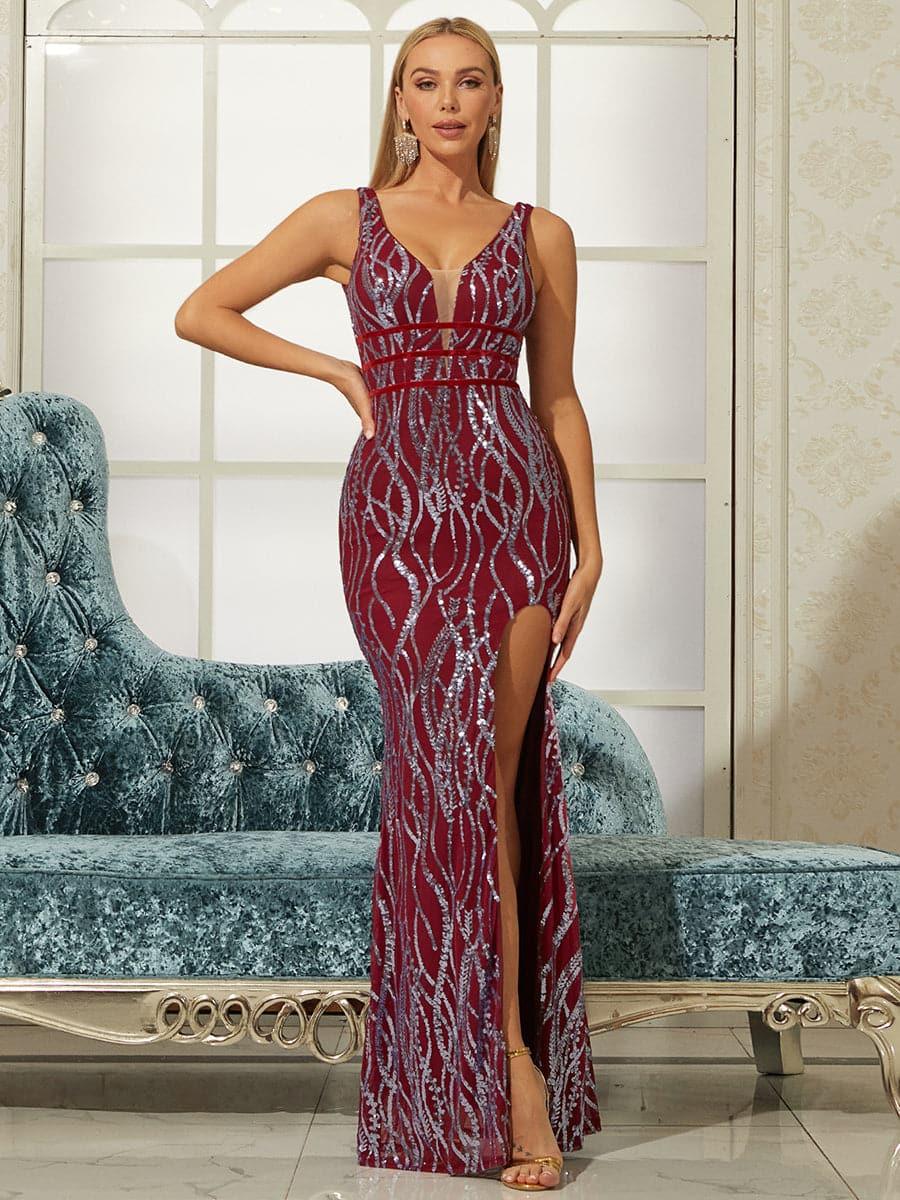 V-hals delt paljett Maxi Prom Dress XH1586