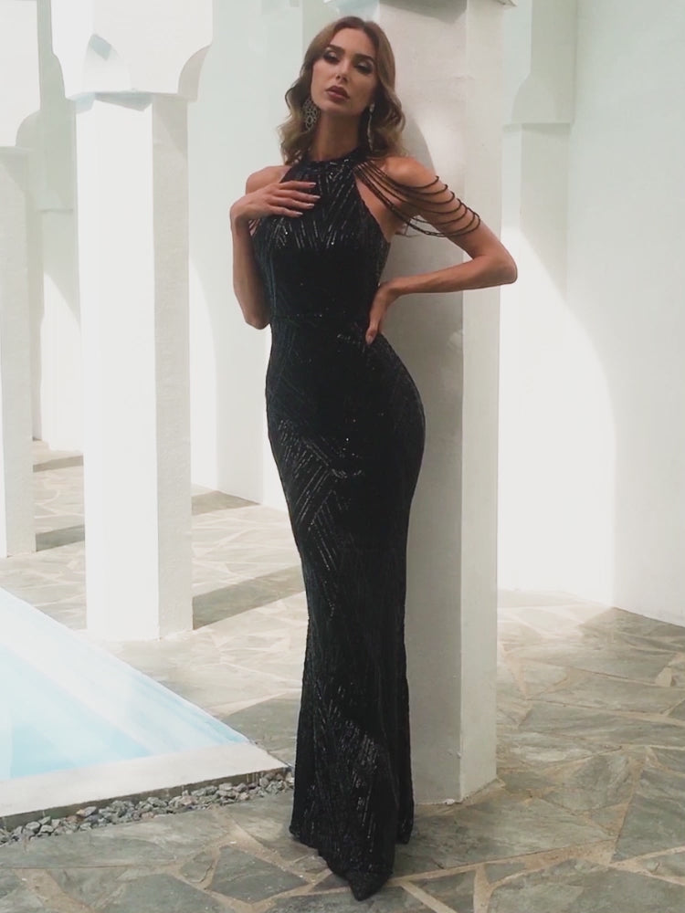 Off-the-shoulder cocktailkjole med perlekæde M01081
