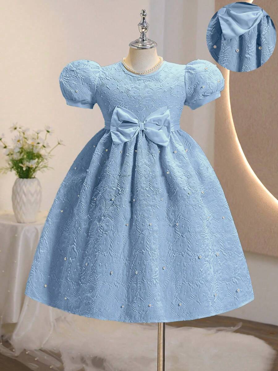 Елегантна лятна рокля за момичета, кръгло деколте, бухнали ръкави, висока талия,