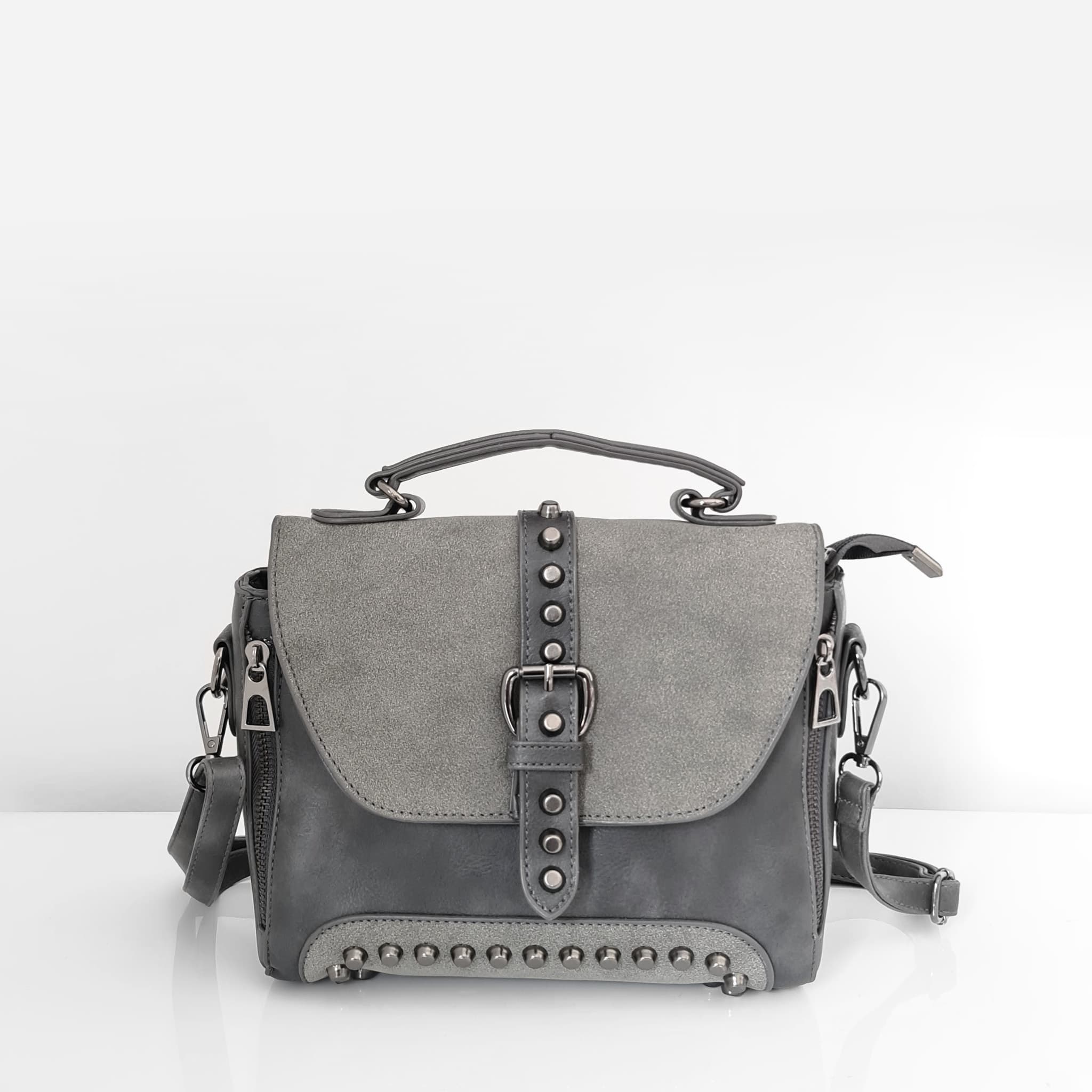 Bolso satchel pequeño de piel y terciopelo con tachuelas