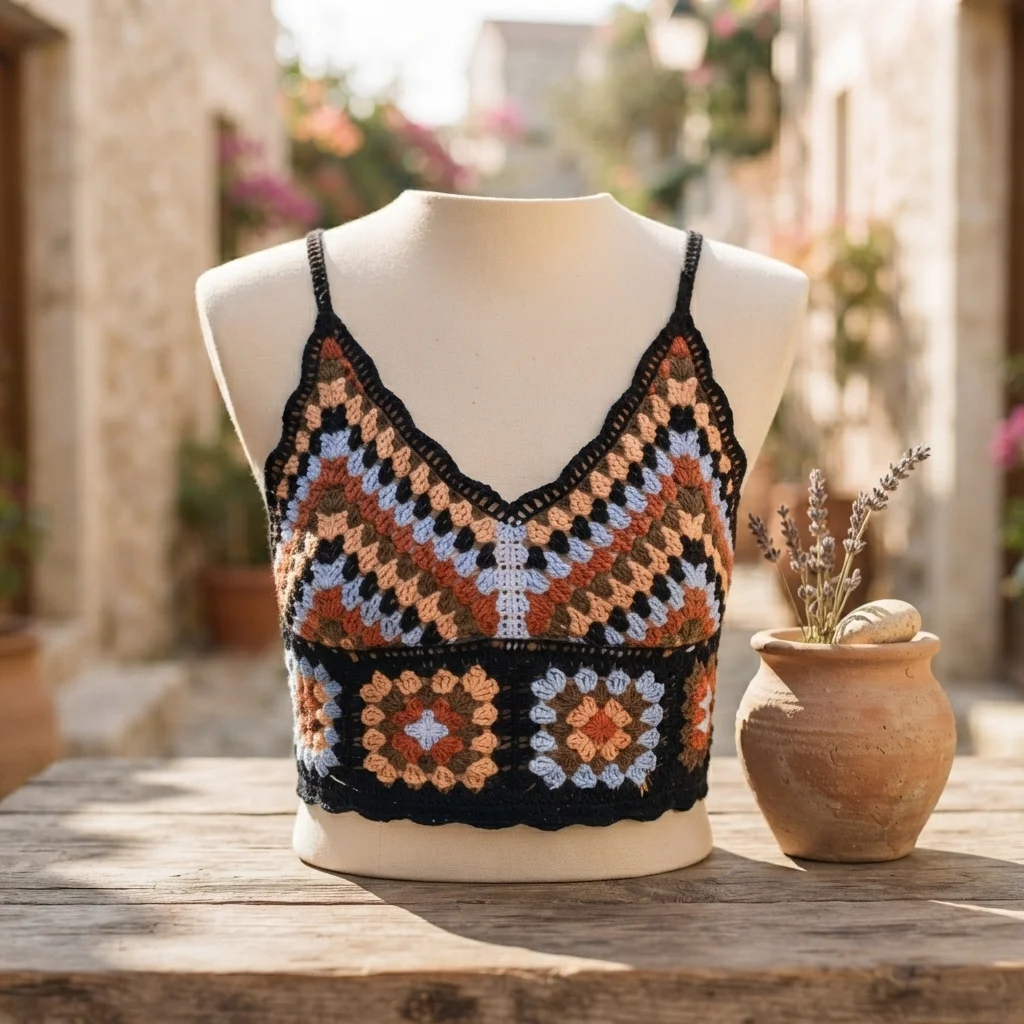 Heklani top sa chevron uzorkom i Granny Squares motivima