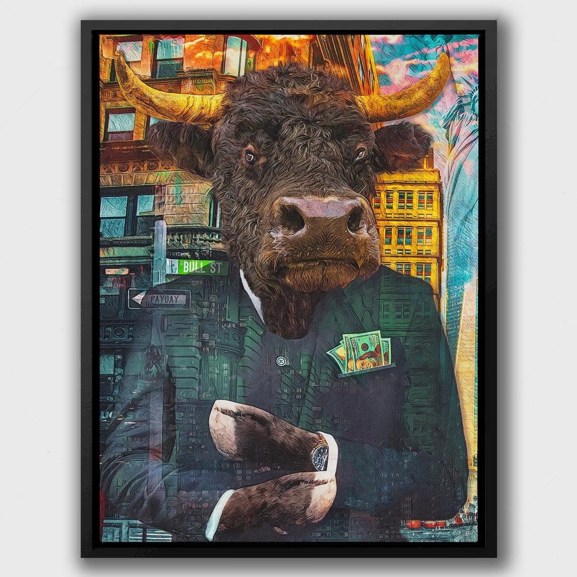 Schilderij van een stier in kostuum