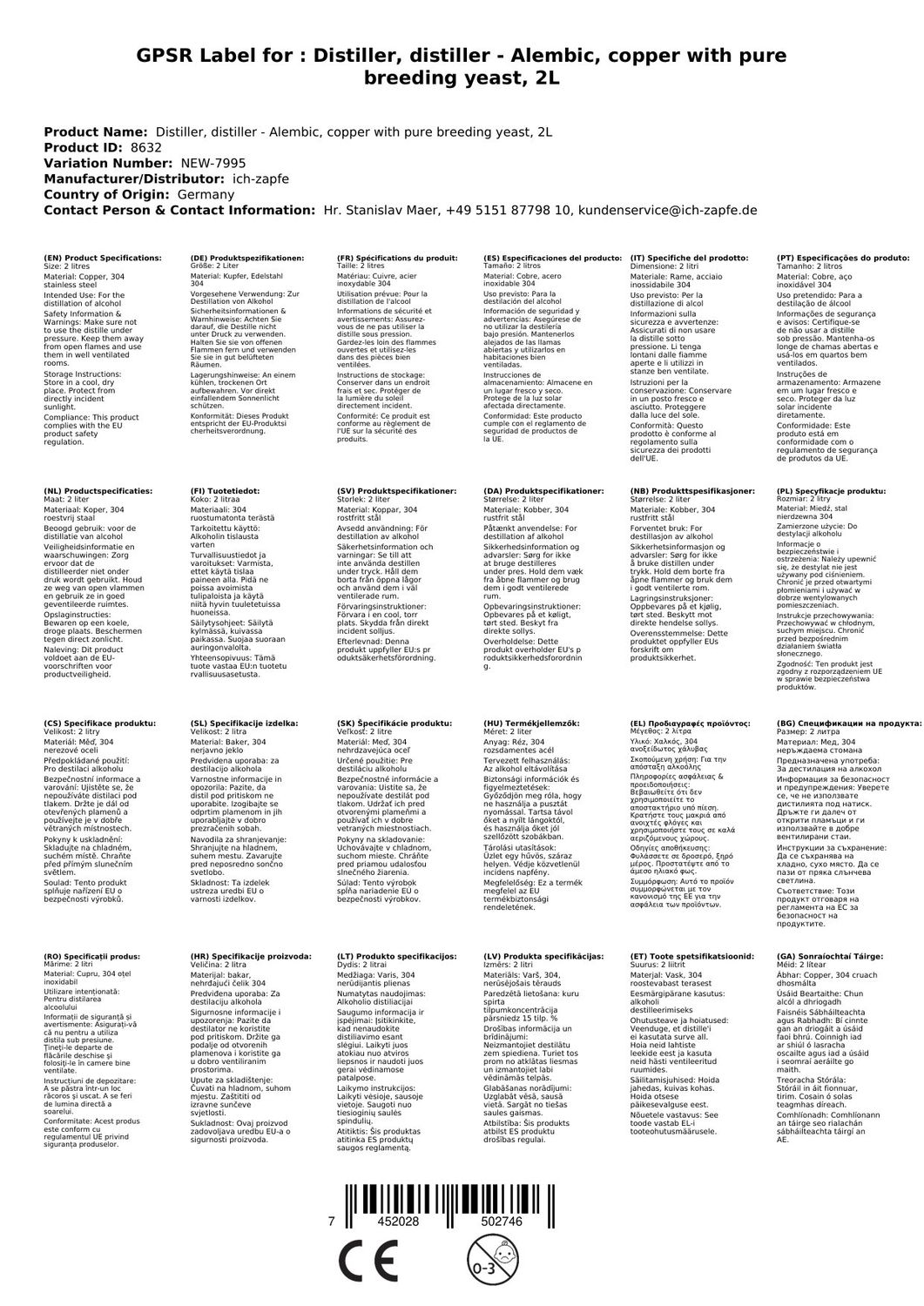 Pilnīgs destilācijas komplekts, destilators, destilācijas iekārta – vara, ar tīru raugu, 2 litri