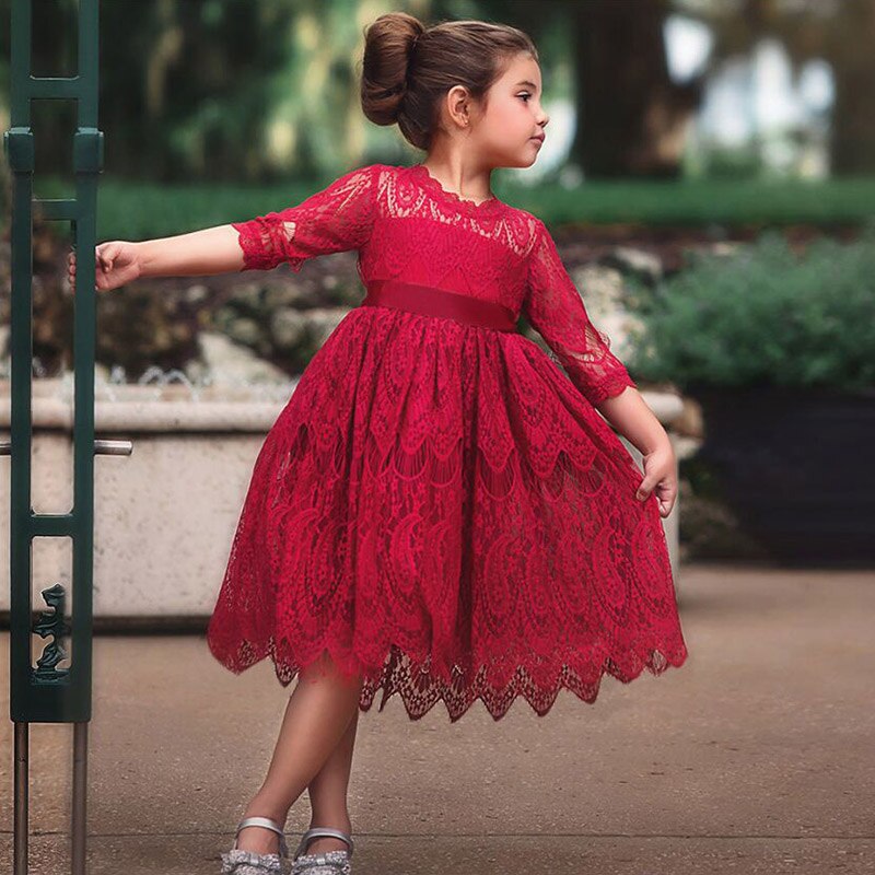 Vestido de fiesta infantil rojo con encaje