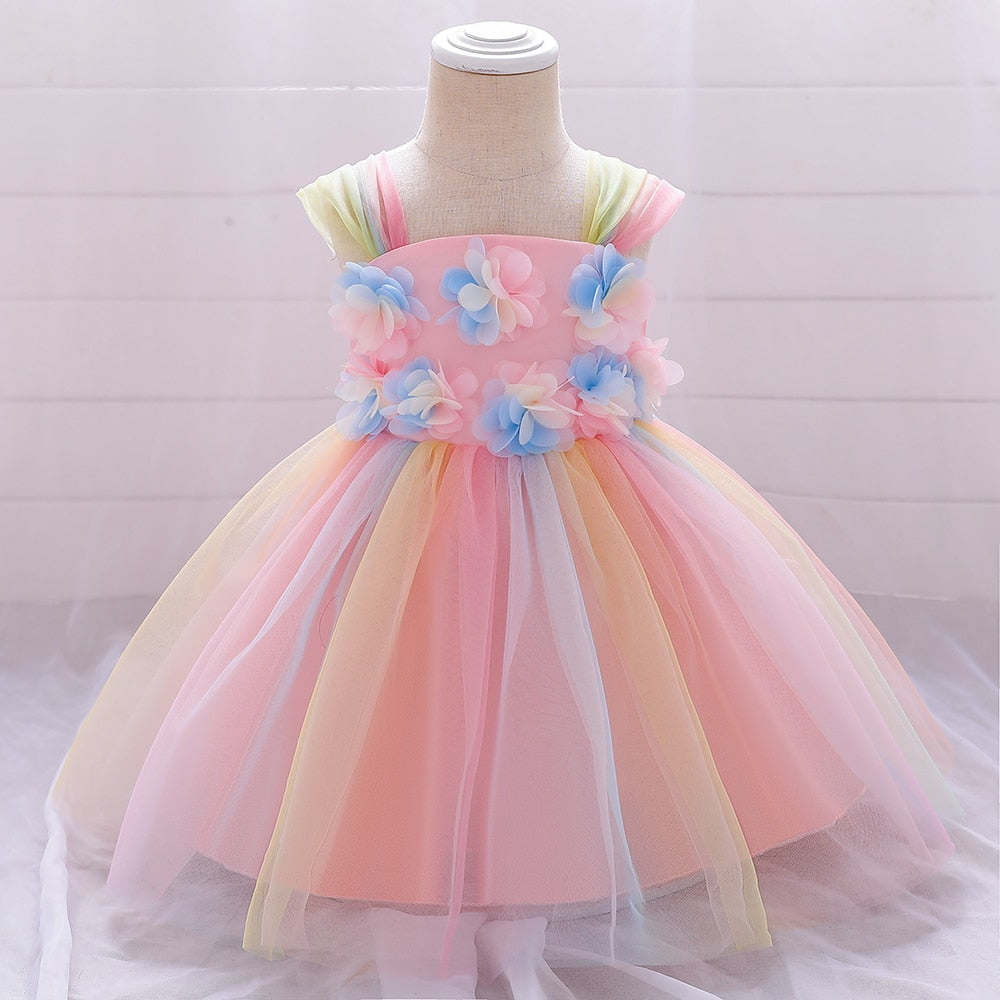 Kleid für Baby Regenbogen mit Blumenmuster rosa