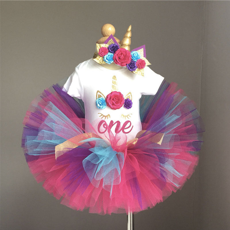 Kleid zum ersten Babygeburtstag für Mädchen Einhorn Tutu Volant