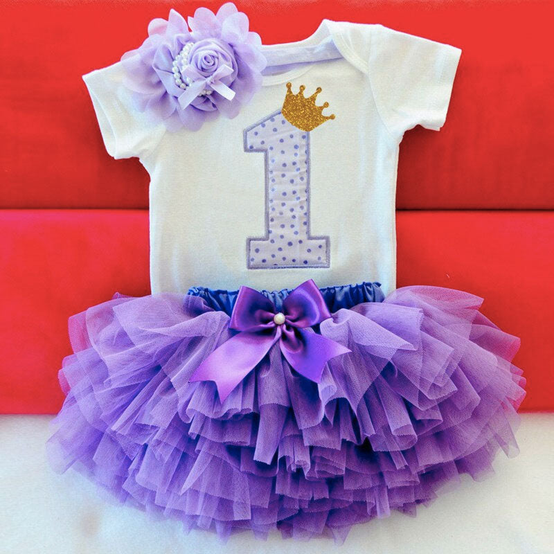 Vestido de cumpleaños de bebé de la corona púrpura