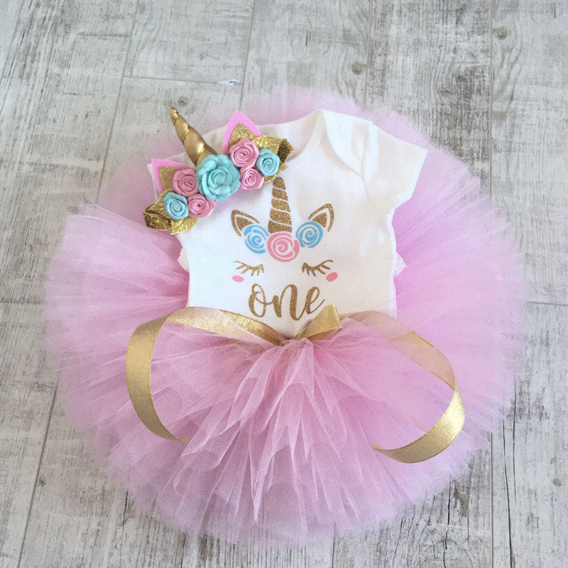 Unicornio rosa y oro vestido de cumpleaños de bebé niña