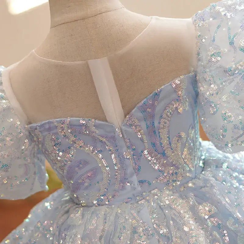 Vestido de baile princesa corto de lentejuelas, azul