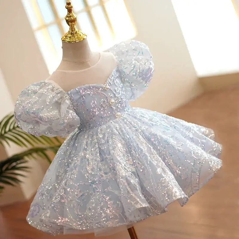 Vestido de baile princesa corto de lentejuelas, azul