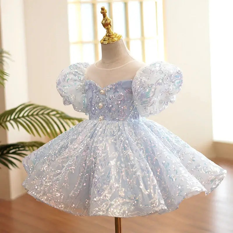 Vestido de baile princesa corto de lentejuelas, azul