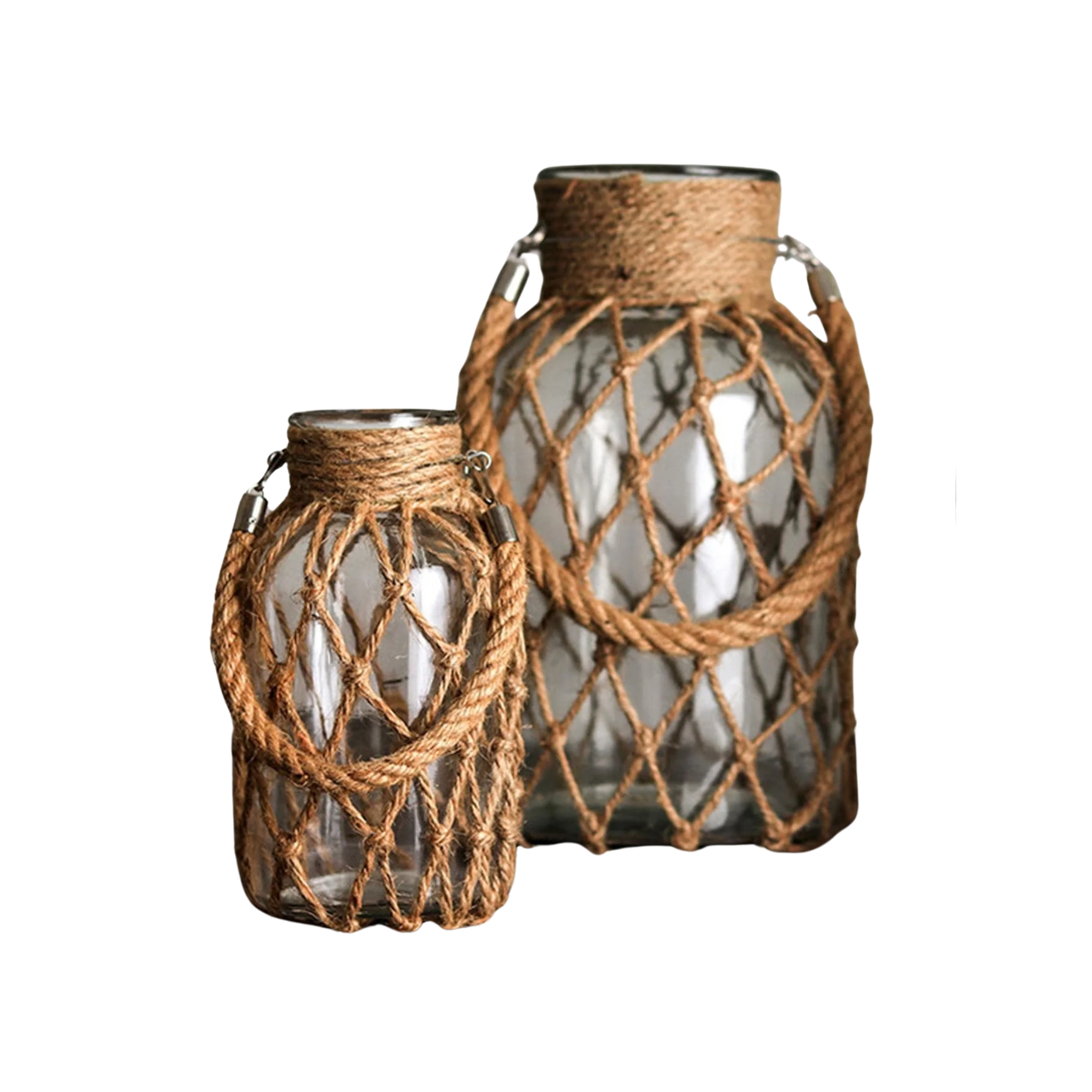 Vaso in vetro con intreccio in corda di rattan