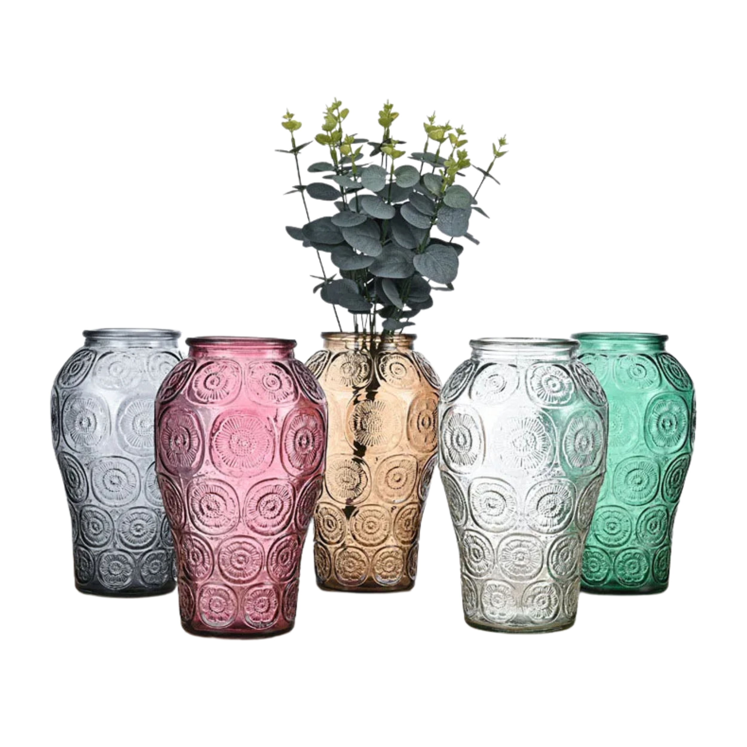 Farget glassvase med plommetreblomster